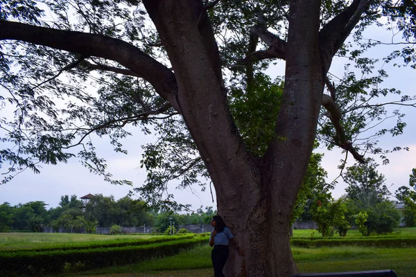Μια Γυναίκα Ένα Σακίδιο Στέκεται Κοντά Στα Δέντρα Στο Γκαζόν — Φωτογραφία Αρχείου