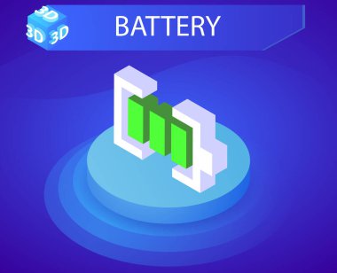 Batarya izometrik tasarım ikonu. Vektör web illüstrasyonu. 3d renkli konsept