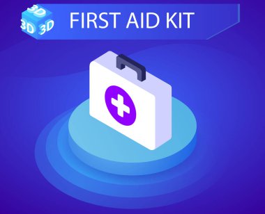 İlk yardım çantası izometrik tasarım ikonu. Vektör web illüstrasyonu. 3d renkli konsept