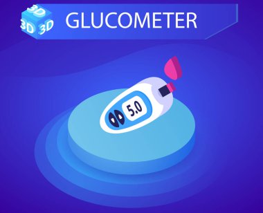 Glucometre izometrik tasarım simgesi. Vektör web illüstrasyonu. 3d renkli konsept