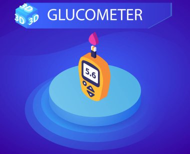 Glucometre izometrik tasarım simgesi. Vektör web illüstrasyonu. 3d renkli konsept