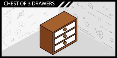3 çekmece izometrik tasarım simgesinin göğsü. Vektör web illüstrasyonu. 3d renkli konsept