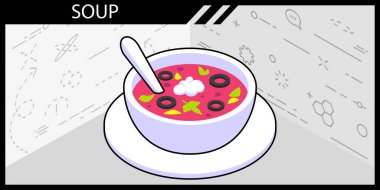 Çorba izometrik tasarım ikonu. Vektör web illüstrasyonu. 3d renkli konsept