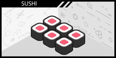 Suşi izometrik tasarım ikonu. Vektör web illüstrasyonu. 3d renkli konsept