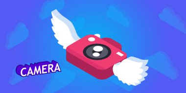 Kamera izometrik tasarım simgesi. Vektör web illüstrasyonu. 3d renkli konsept