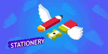 Kırtasiye izometrik tasarım simgesi. Vektör web illüstrasyonu. 3d renkli konsept