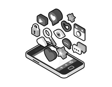 Sosyal medya izometrik tasarım ikonu. Vektör web illüstrasyonu. 3d renkli konsept