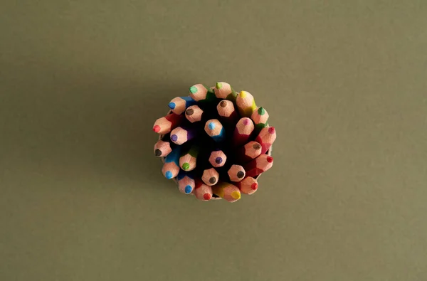 圆形盒子里彩色木制铅笔的顶视图 — 图库照片