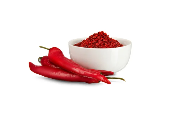 Red Hot Pepper Flakes White Bowl Red Peppers White Background — Stock Photo, Image