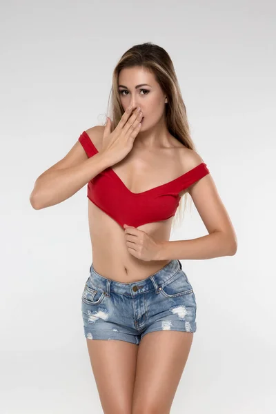 Red Hot Top Beautiful Fashion Model White Background — Stock Photo, Image