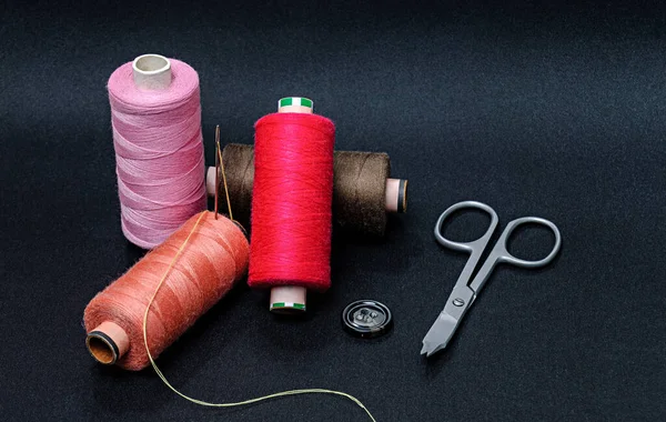Multicolored Threads Scissors Button Black Background — Stok fotoğraf