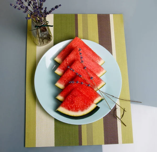 Sliced Watermelon Plate White Background — Stock Photo, Image