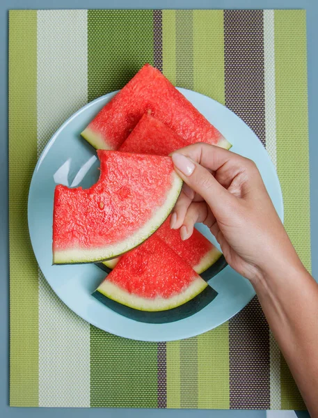 Watermelon Slices Red Ripe Juicy Sliced Plate — Stock Photo, Image