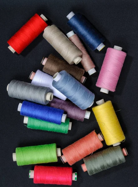 Colorful Threads Sewing Black Background — Zdjęcie stockowe