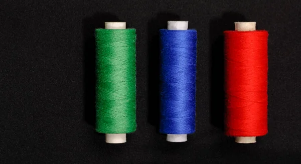 Colorful Threads Sewing Black Background — Stok fotoğraf