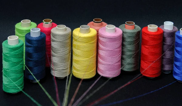 Colorful Threads Sewing Black Background — Stock fotografie