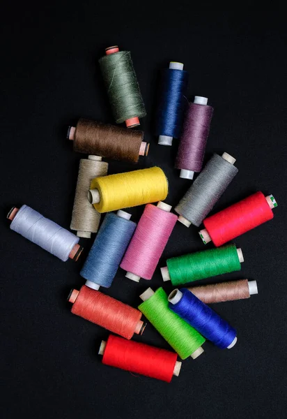 Colorful Threads Sewing Black Background — Stok fotoğraf