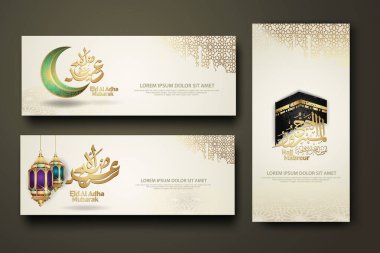 Eid Al Adha and Hajj Mabrour calligraphy islamic, set banner template with hand drawn kaaba, crescent moon, traditional lantern and mosque pattern texture islamic background