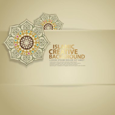 Büyük İslami etkinlikler için Arapça arabesk tasarımı tebrik kartı, İslami geleneksel düğün etkinlikleri ve mozaiğin gerçekçi İslami süslemeleri olan diğer kullanıcılar için. Vektör illüstrasyonu.