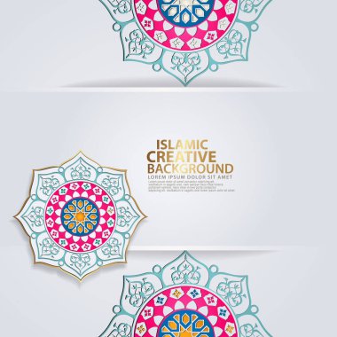 Büyük İslami etkinlikler için Arapça arabesk tasarımı tebrik kartı, İslami geleneksel düğün etkinlikleri ve mozaiğin gerçekçi İslami süslemeleri olan diğer kullanıcılar için. Vektör illüstrasyonu.