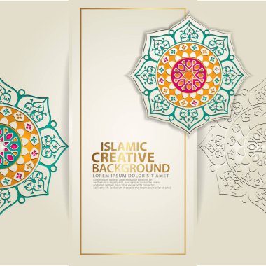 Büyük İslami etkinlikler için Arapça arabesk tasarımı tebrik kartı, İslami geleneksel düğün etkinlikleri ve mozaiğin gerçekçi İslami süslemeleri olan diğer kullanıcılar için. Vektör illüstrasyonu.