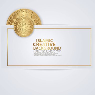 Büyük İslami etkinlikler için Arapça arabesk tasarımı tebrik kartı, İslami geleneksel düğün etkinlikleri ve mozaiğin gerçekçi İslami süslemeleri olan diğer kullanıcılar için. Vektör illüstrasyonu.