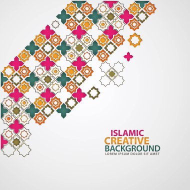 Islamic design greeting card background template with ornamental colorful detail of floral mosaic islamic art ornament.Vector illustration.