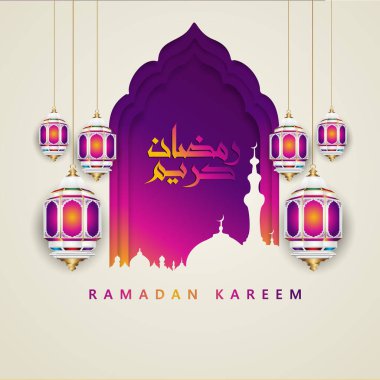 Şatafatlı ve zarif bir tasarım olan Ramazan kareemi, Arap kaligrafisi, geleneksel fener ve kademe kademe renkli İslami selamlama için camii. Vektör çizimi. vektör illüstrasyonu