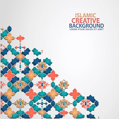 Islamic design greeting card background template with ornamental colorful detail of floral mosaic islamic art ornament.Vector illustration.