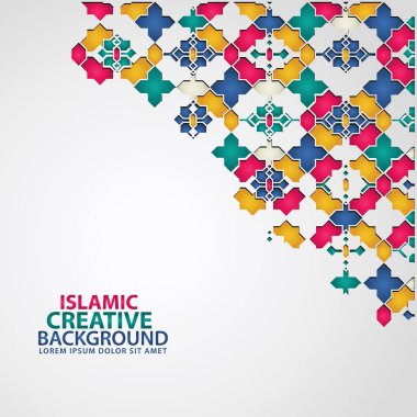 İslami tasarım tebrik kartı arkaplan şablonu çiçek rengi mozaik sanat süsüsüyle süslenmiş. Vektör illüstrasyonu.