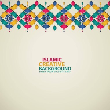 Islamic design greeting card background template with ornamental colorful detail of floral mosaic islamic art ornament.Vector illustration.