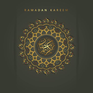 Arap kaligrafisi ve dairesel mozaik İslami sanat süslemeleri arka planına sahip lüks tasarım raamadan kareem. Vektör çizimi. vektör illüstrasyonu