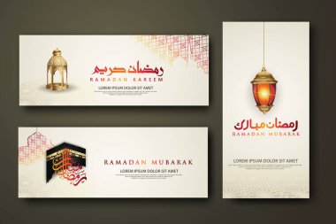 luxury and elegant banner set template, Ramadan Kareem with calligraphy islamic, crescent moon, traditional lantern and mosque pattern texture islamic background. Vector illustration.