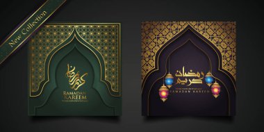 New Collections Ramadan kareem arabic calligraphy and traditional lantern for islamic greeting. vector illustration
