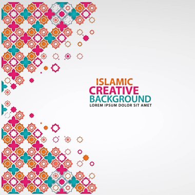 İslami tasarım tebrik kartı arkaplan şablonu çiçek rengi mozaik sanat süsüsüyle süslenmiş. Vektör illüstrasyonu.