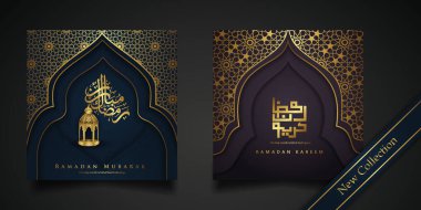 Two set Ramadan background islamic greeting design with mosque door with floral ornament and arabic calligraphy. vector illustration