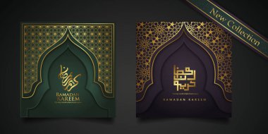 İki set Ramazan arkaplan İslami karşılama tasarımı, cami kapısı, çiçek süsü ve Arapça kaligrafi. vektör illüstrasyonu