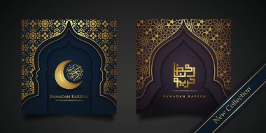 İki set Ramazan arkaplan İslami karşılama tasarımı, cami kapısı, çiçek süsü ve Arapça kaligrafi. vektör illüstrasyonu