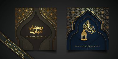 İki set Ramazan arkaplan İslami karşılama tasarımı, cami kapısı, çiçek süsü ve Arapça kaligrafi. vektör illüstrasyonu