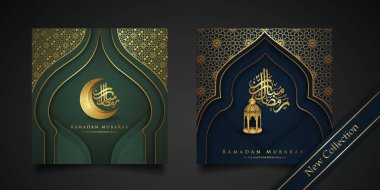 Two set Ramadan background islamic greeting design with mosque door with floral ornament and arabic calligraphy. vector illustration