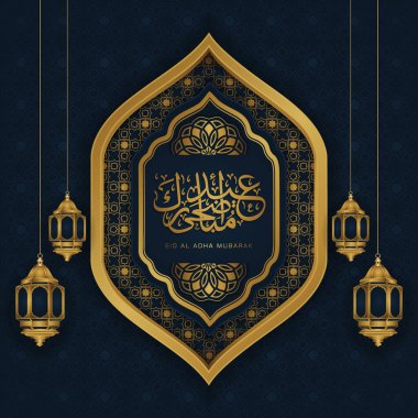 Eid Al Adha calligraphy design with lanterns and floral decorations. vector illustration