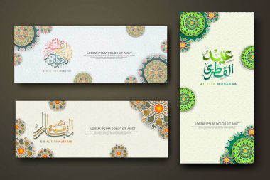 Eid al fitr concept banner with arabic calligraphy and 3d paper flowers on Islamic geometric pattern background. Vector illustration.
