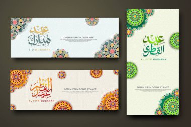 Eid al fitr concept banner with arabic calligraphy and 3d paper flowers on Islamic geometric pattern background. Vector illustration.