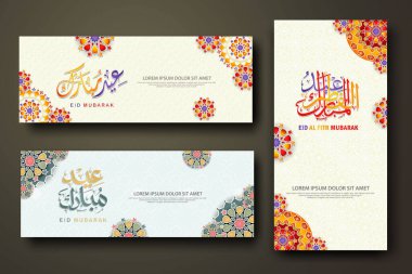 Eid al fitr concept banner with arabic calligraphy and 3d paper flowers on Islamic geometric pattern background. Vector illustration.