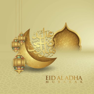Luxurious and elegant design Eid Al adha greeting with gold color on arabic calligraphy, crescent moon, lantern and textured gate mosque. vector illustration.