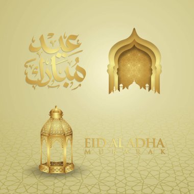 Luxurious and elegant design Eid Al adha greeting with gold color on arabic calligraphy, crescent moon, lantern and textured gate mosque. vector illustration.