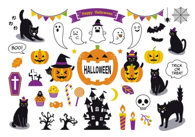 Black cat and Halloween illustration set