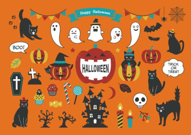 Black cat and Halloween illustration set