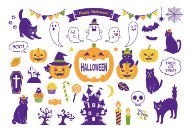 Black cat and Halloween illustration set