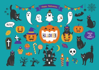 Black cat and Halloween illustration set